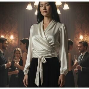 Satin Cropped Top Blouse Cream Peasant Sleeves Wrap Closure SZ LG Boho Fairy Y2K